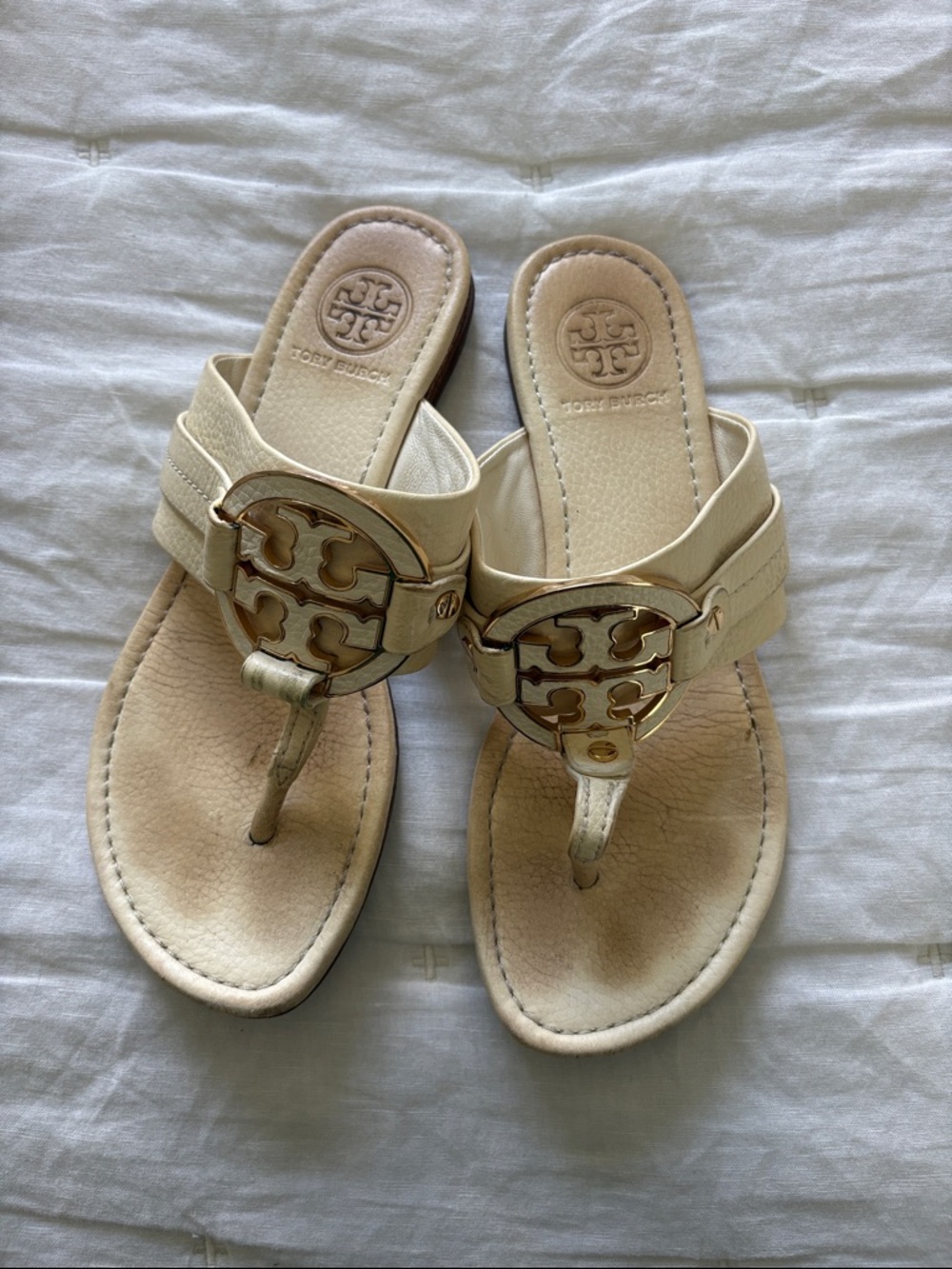 Tory Burch Cream Leather Logo Thong Sandals with Gold Medallions